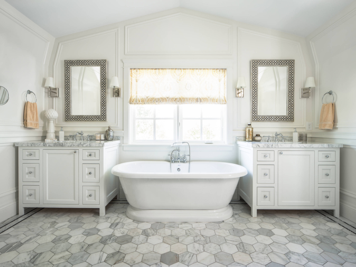 hexagonal bee hive marble tiles bathroom white grey decorating ideas silver faucets